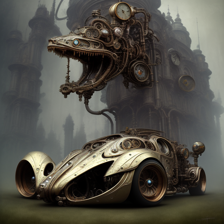 biomechanical steampunk vehicle reminiscent of fast sportscar with robotic parts and (glowing) lights parked in ancient lu...